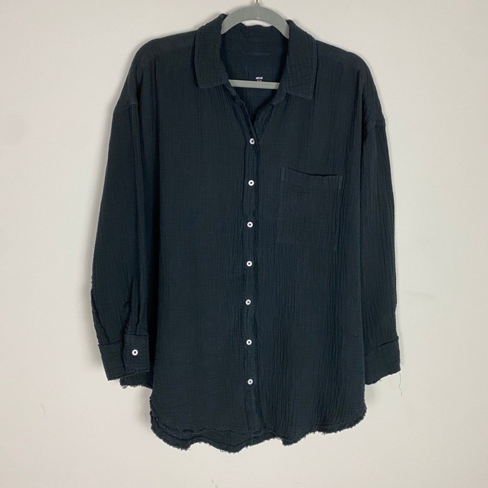 Aerie Cotton Gauze Button Down Shirt Womens Small Raw Hem Relaxed Oversized